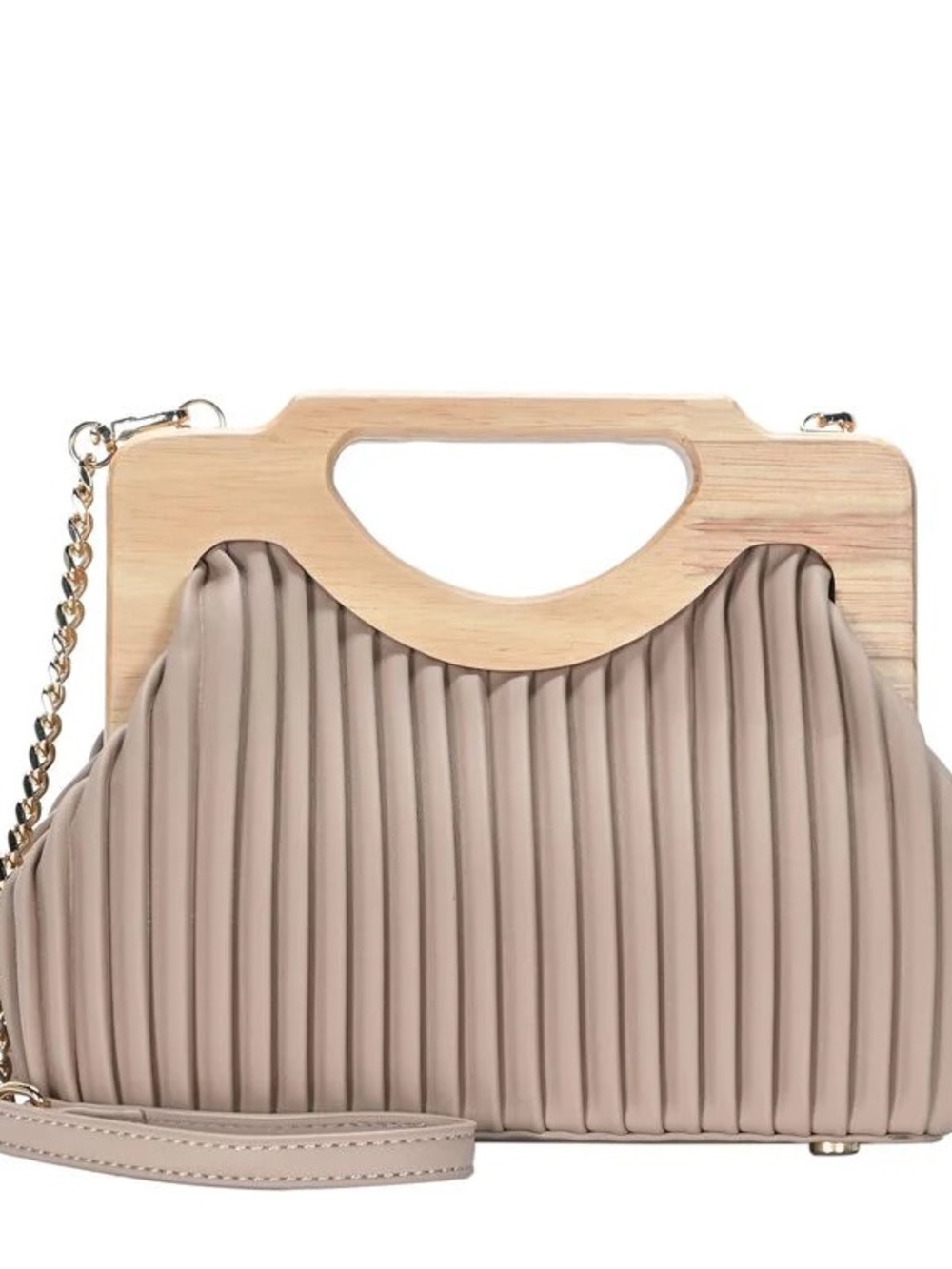 Madison West Taupe Pleated Handbag with Wooden Handle
